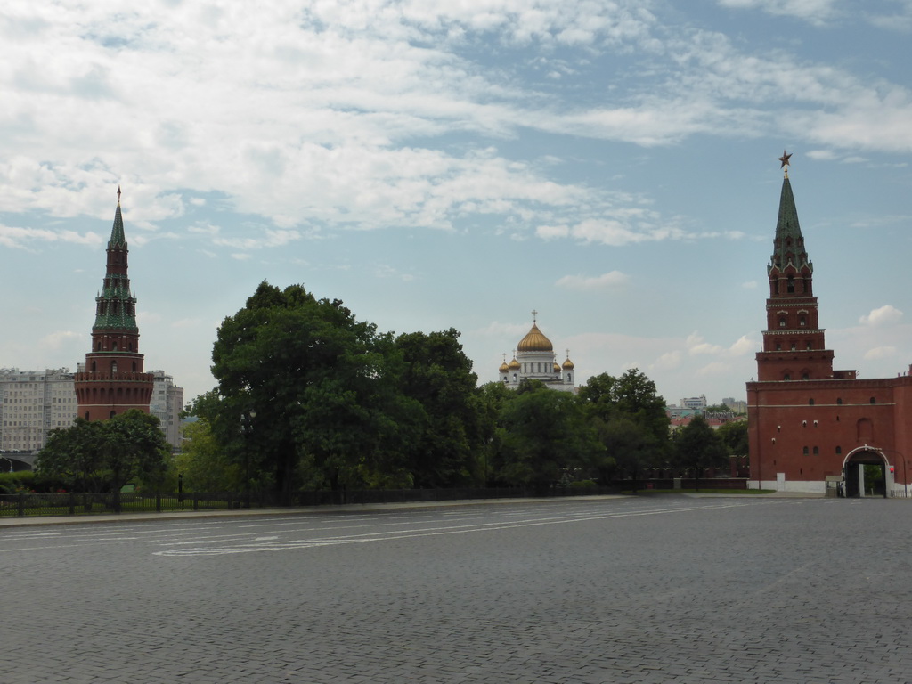 The Borovitskaya street, the Borovitskaya Tower and the Vodovzvodnaya Tower at the Moscow Kremlin and the Cathedral of Christ the Saviour
