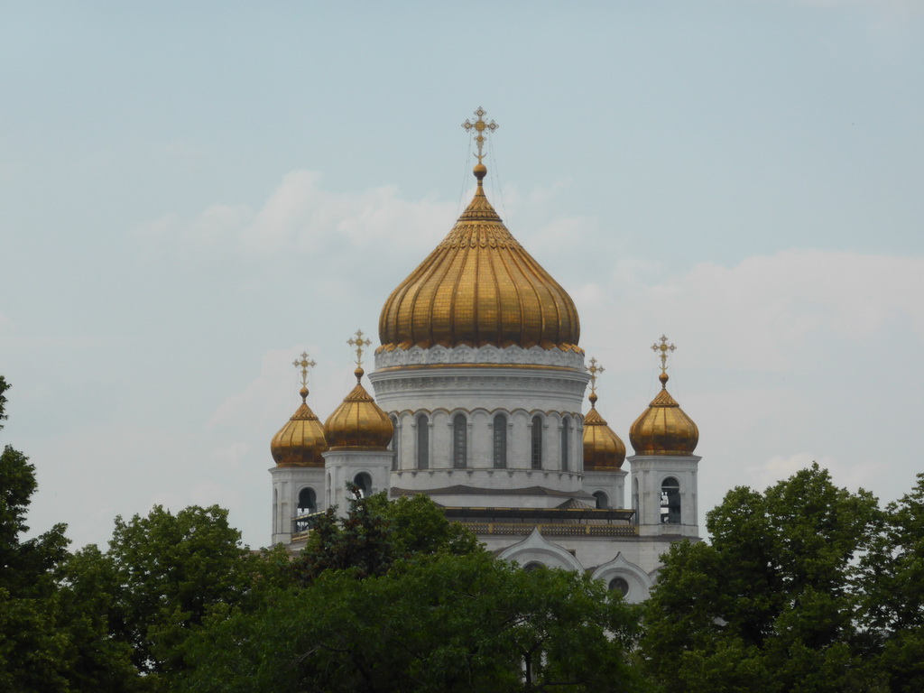 Towers of the Cathedral of Christ the Saviour, viewed from the Borovitskaya street at the Moscow Kremlin