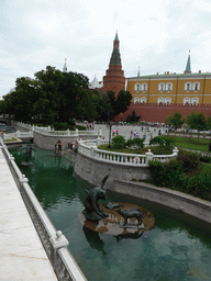 Fountains at the north side of the Alexander Garden and the Arsenal and the Corner Arsenal Tower at the Moscow Kremlin