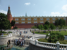 Fountain and the Tomb of the Unknown Soldier at the north side of the Alexander Garden, and the Arsenal and the Corner Arsenal Tower at the Moscow Kremlin