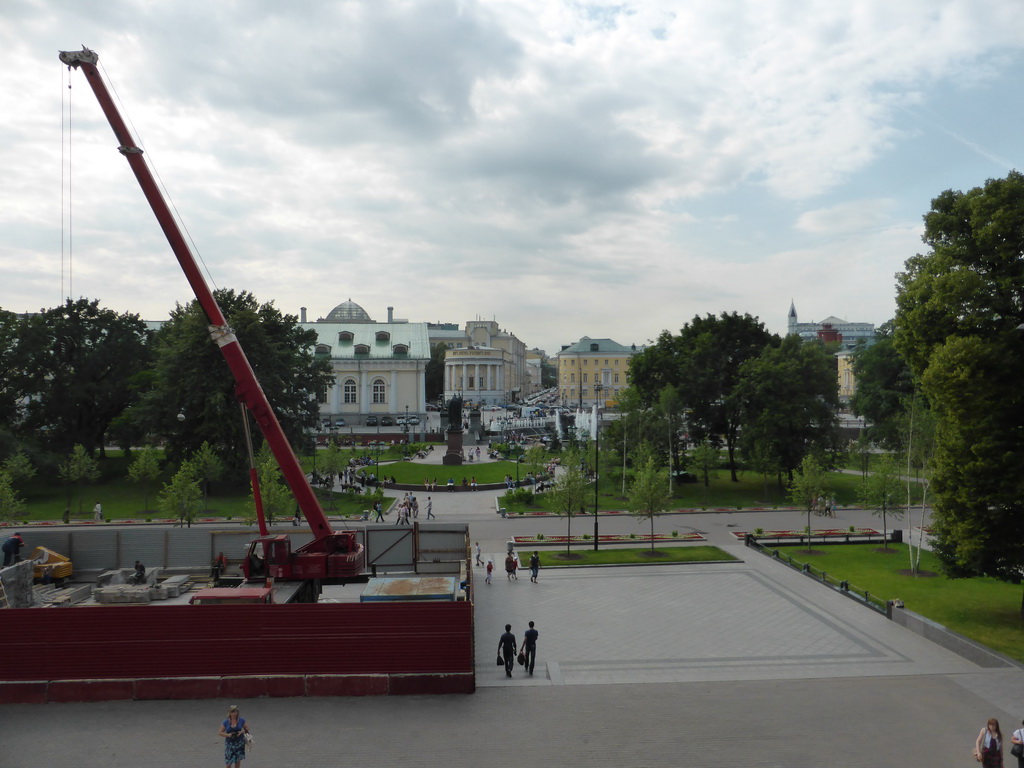 The Alexander Garden with the Monument to Patriarch Hermogenes, the fountain `Four Seasons of the Year` and the Moscow Manege, viewed from the top of the Ruined Grotto at the Alexander Garden