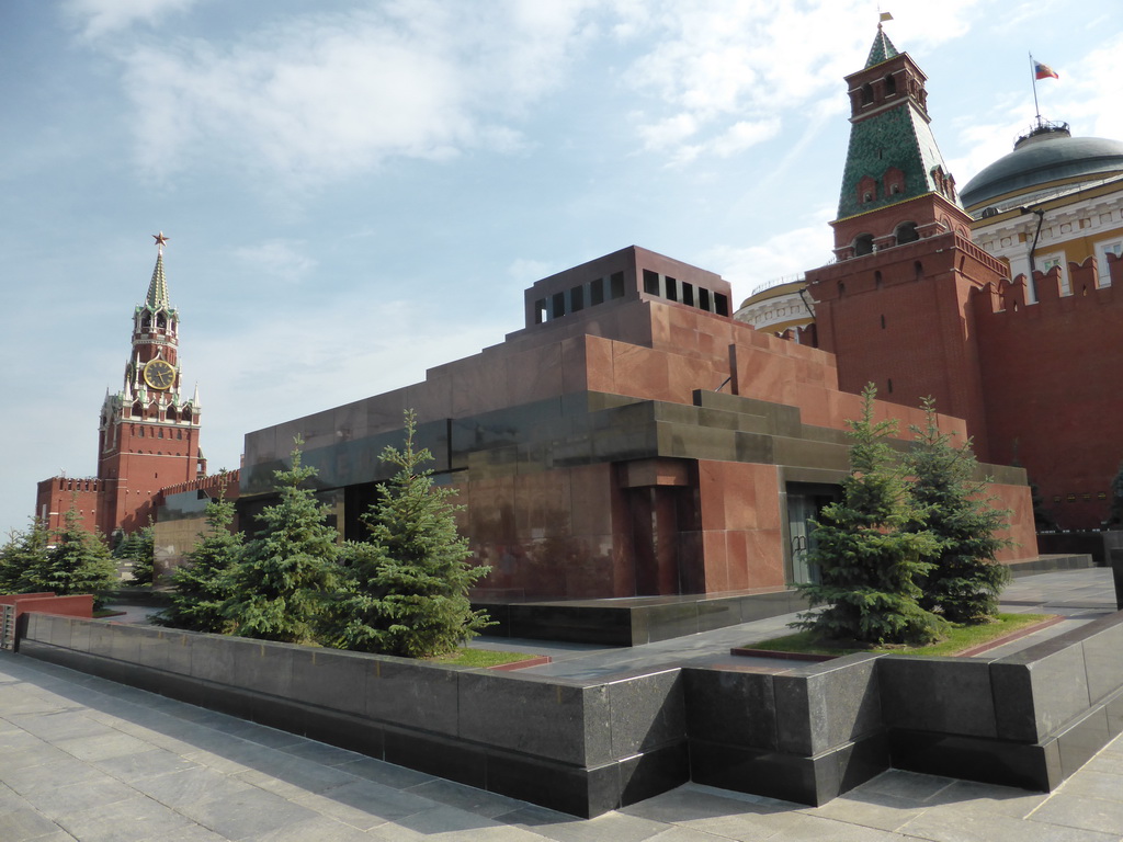 Lenin`s Mausoleum and the Senatskaya Tower, the Spasskaya Tower and the Senate Palace of the Moscow Kremlin at the Red Square