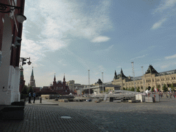The Red Square with the construction of a stage, the GUM shopping center, the State Historical Museum of Russia and the Nikolskaya Tower of the Moscow Kremlin