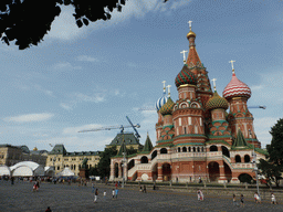 Southwest side of Saint Basil`s Cathedral, the Monument to Minin and Pozharsky and the GUM shopping center at the Red Square