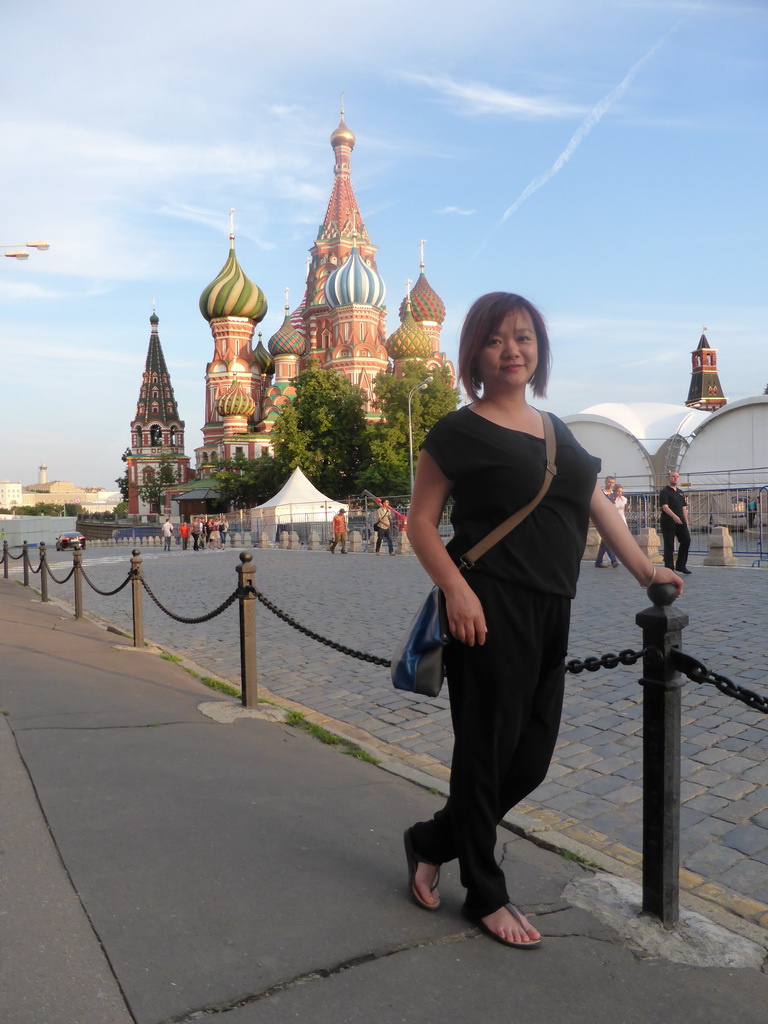 Miaomiao at the Red Square with the left front of Saint Basil`s Cathedral