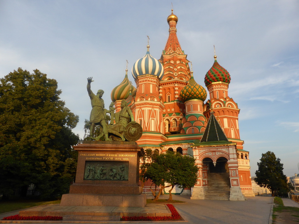 The front of Saint Basil`s Cathedral and the Monument to Minin and Pozharsky at the Red Square