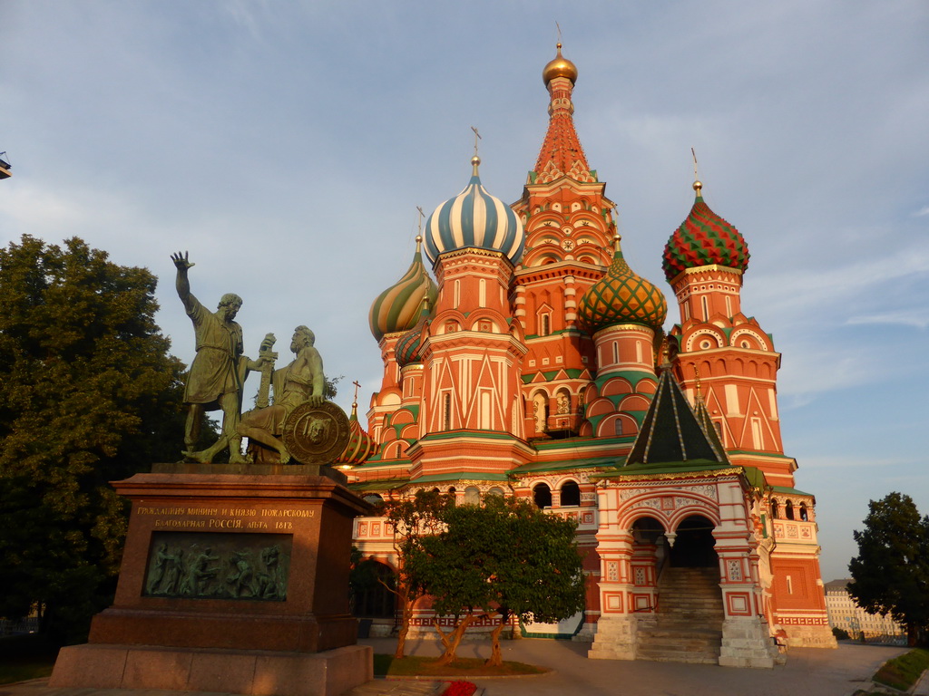 The front of Saint Basil`s Cathedral and the Monument to Minin and Pozharsky at the Red Square