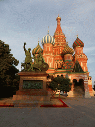 The front of Saint Basil`s Cathedral and the Monument to Minin and Pozharsky at the Red Square