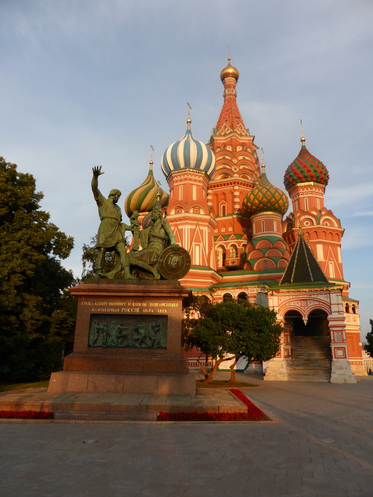 The front of Saint Basil`s Cathedral and the Monument to Minin and Pozharsky at the Red Square