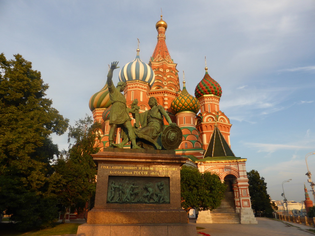 The front of Saint Basil`s Cathedral and the Monument to Minin and Pozharsky at the Red Square