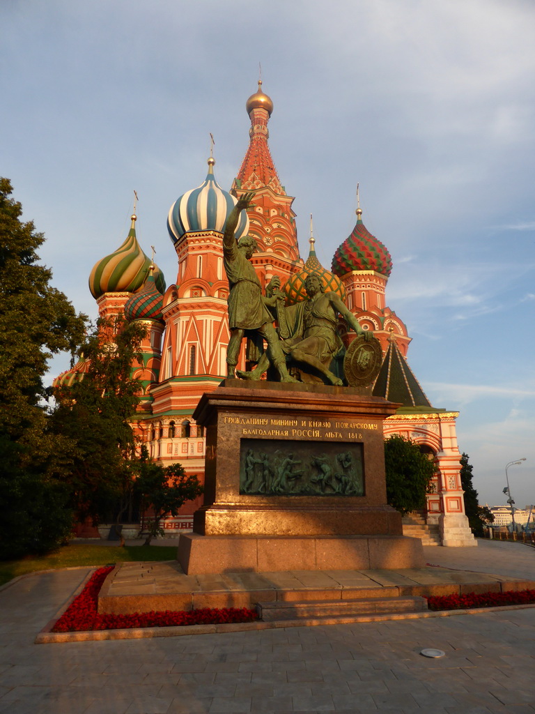 The front of Saint Basil`s Cathedral and the Monument to Minin and Pozharsky at the Red Square