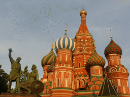 The upper parts of the front of Saint Basil`s Cathedral and the Monument to Minin and Pozharsky at the Red Square