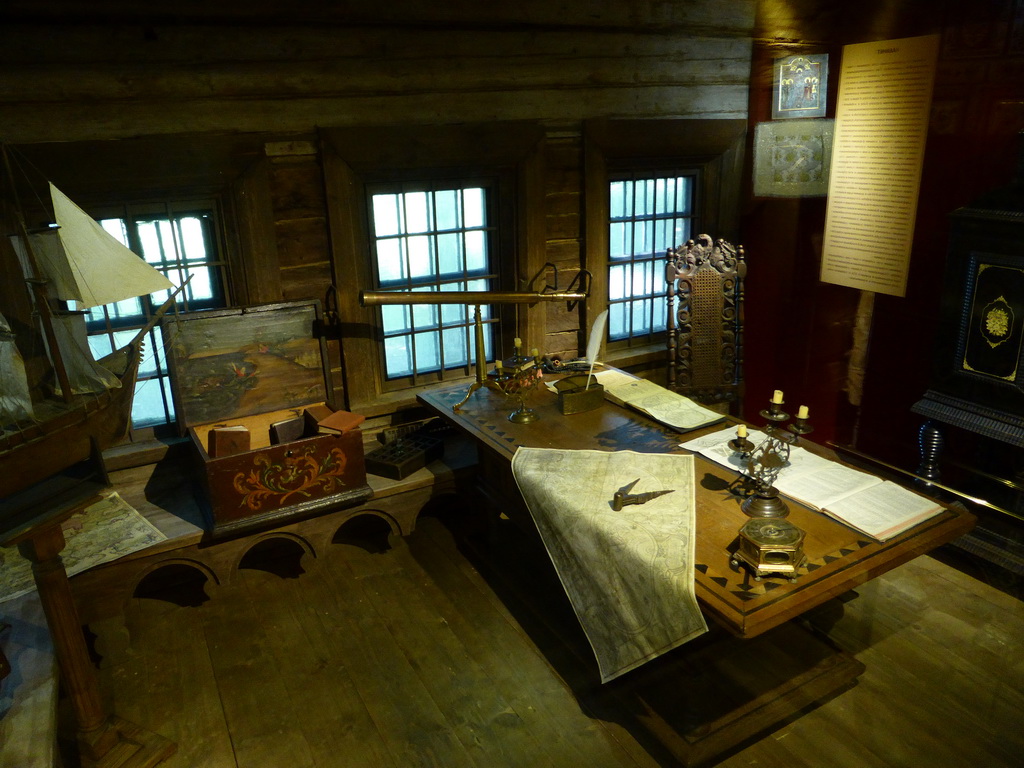 Desk, map and scale model of a ship in the House of Peter the Great at the Kolomenskoye estate