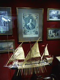 Portrait of Peter the Great and a scale model of a ship in the House of Peter the Great at the Kolomenskoye estate