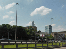 The top part of Triumph Palace and the Leningradskiy street, viewed from the taxi to the airport