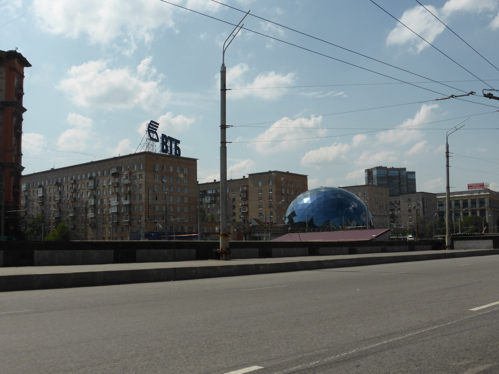 Round control tower at the junction of the Leningradskiy street and the Volokolamskoye street, viewed from the taxi to the airport