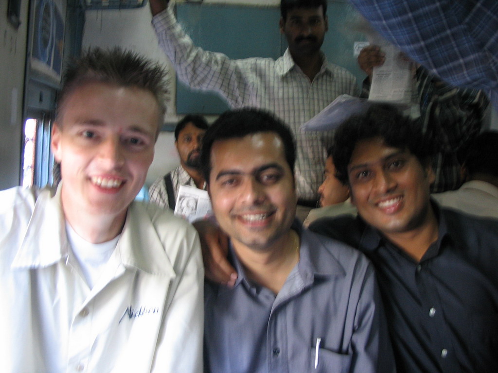 David, Swapnil and an Indian friend in the train from Thane to Mumbai