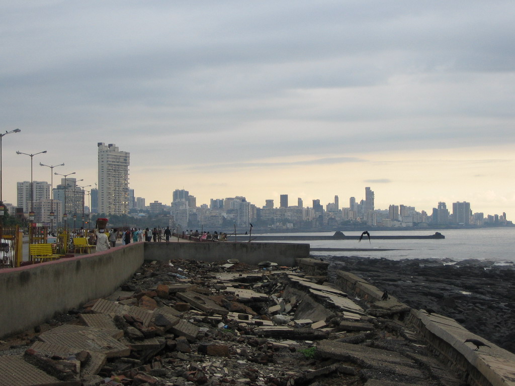 The skyline of Mumbai from a rock beach nearby