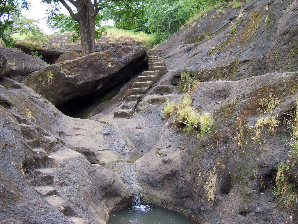 Staircase and waterfall near the Kanheri Caves
