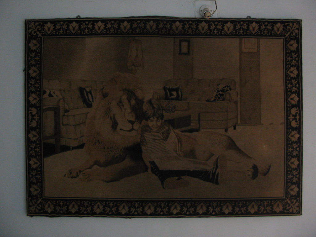 Tapestry in the bedroom in the apartment of Anand`s family