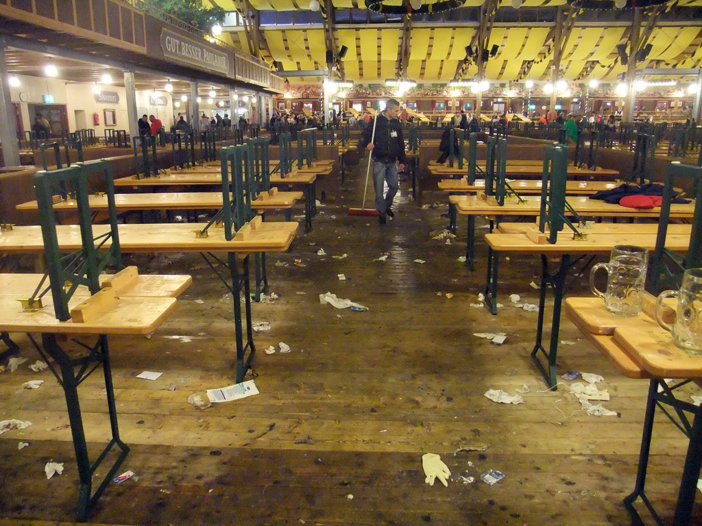 Interior of the Paulaner tent at the Oktoberfest terrain at the Theresienwiese square, during closing time