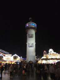The Löwenbräu Turm tower at the Oktoberfest terrain at the Theresienwiese square, by night