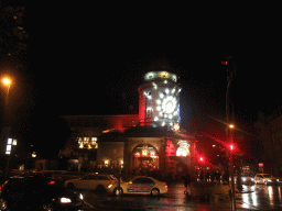 The front of the Löwenbräukeller beer hall at the Stiglmaierplatz square, by night