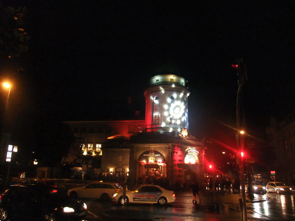 The front of the Löwenbräukeller beer hall at the Stiglmaierplatz square, by night