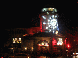 The front of the Löwenbräukeller beer hall at the Stiglmaierplatz square, by night