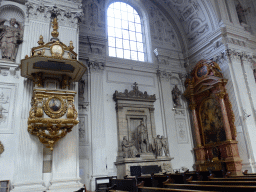 Pulpit and statues at the west side of the transept of St. Michael`s Church