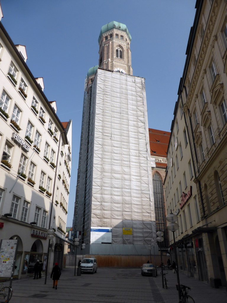 The southwest tower of the Frauenkirche church, under renovation, viewed from the Liebfrauenstraße street