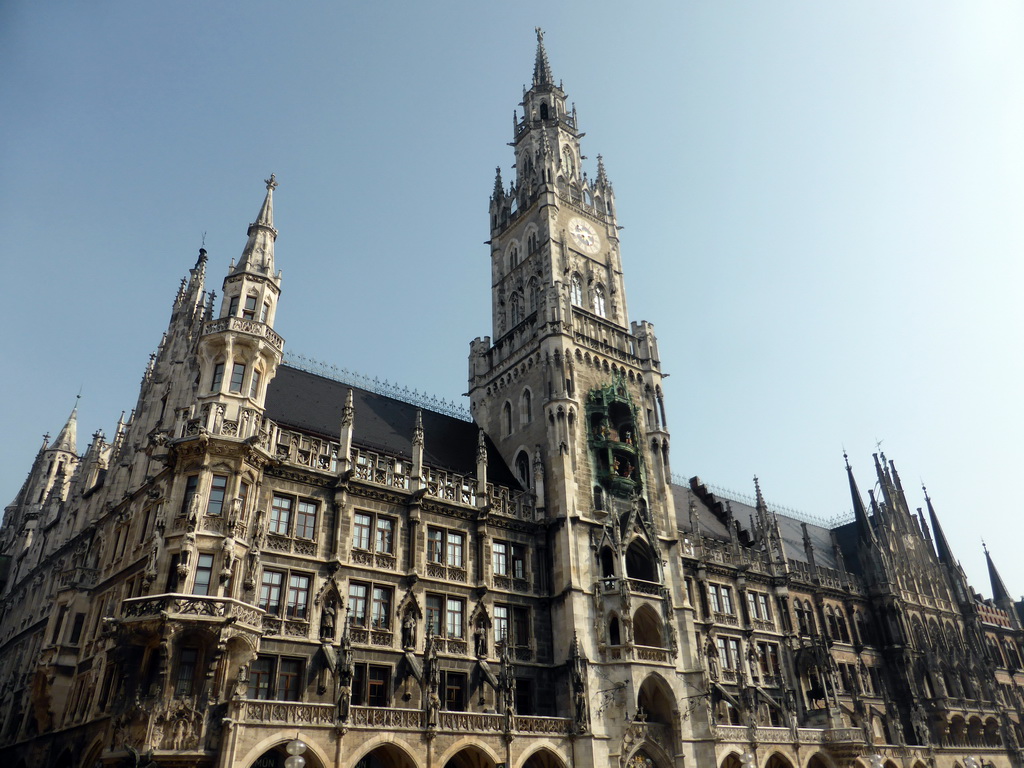 Left front and tower of the Neues Rathaus building at the Marienplatz square
