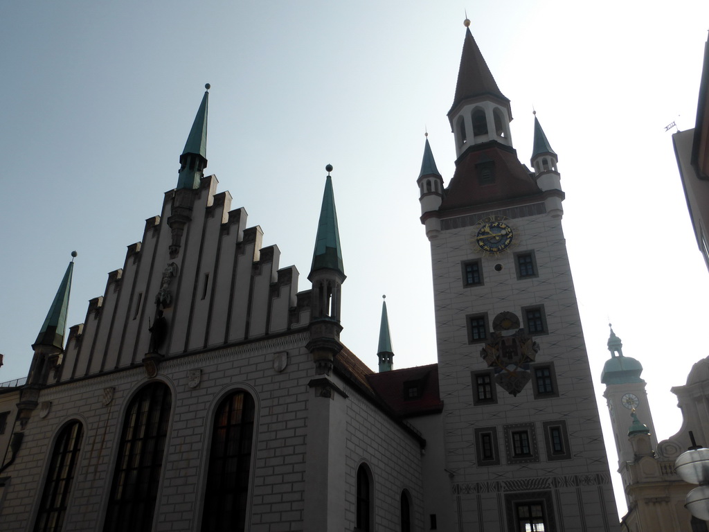 West side and tower of the Altes Rathaus building, viewed from the Marienplatz square