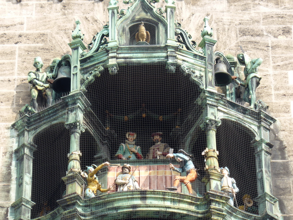 Upper part of the Rathaus-Glockenspiel chimes in the tower of the Neues Rathaus building
