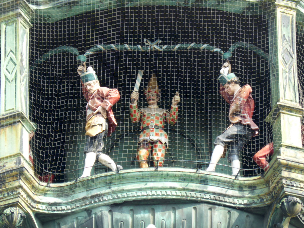 Figures at the lower part of the Rathaus-Glockenspiel chimes in the tower of the Neues Rathaus building