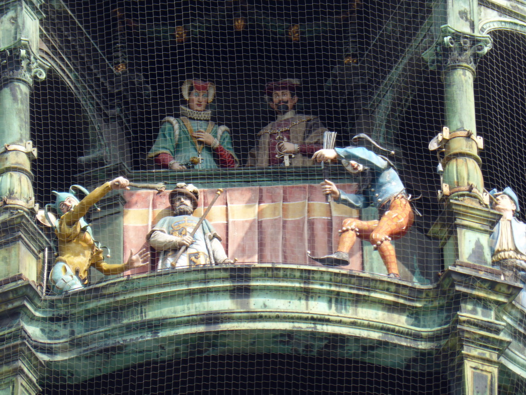 Figures at the upper part of the Rathaus-Glockenspiel chimes in the tower of the Neues Rathaus building