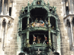 The Rathaus-Glockenspiel chimes in the tower of the Neues Rathaus building, during the story of the marriage of the local Duke Wilhelm V to Renata of Lorraine