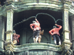 Figures at the lower part of the Rathaus-Glockenspiel chimes in the tower of the Neues Rathaus building, during the Schäfflertanz dance