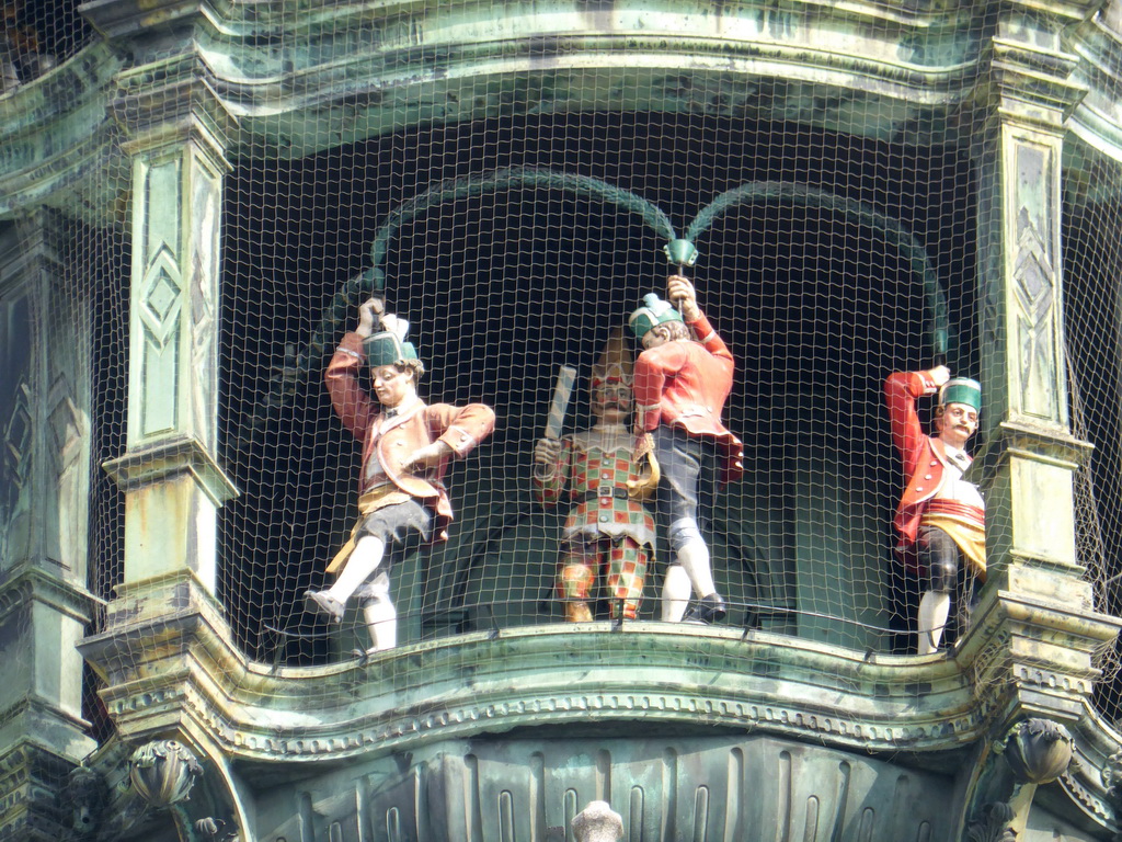 Figures at the lower part of the Rathaus-Glockenspiel chimes in the tower of the Neues Rathaus building, during the Schäfflertanz dance