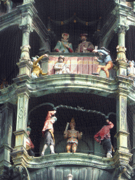 The Rathaus-Glockenspiel chimes in the tower of the Neues Rathaus building, during the Schäfflertanz dance