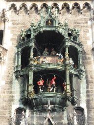 The Rathaus-Glockenspiel chimes in the tower of the Neues Rathaus building, during the Schäfflertanz dance