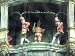 Figures at the lower part of the Rathaus-Glockenspiel chimes in the tower of the Neues Rathaus building, during the Schäfflertanz dance