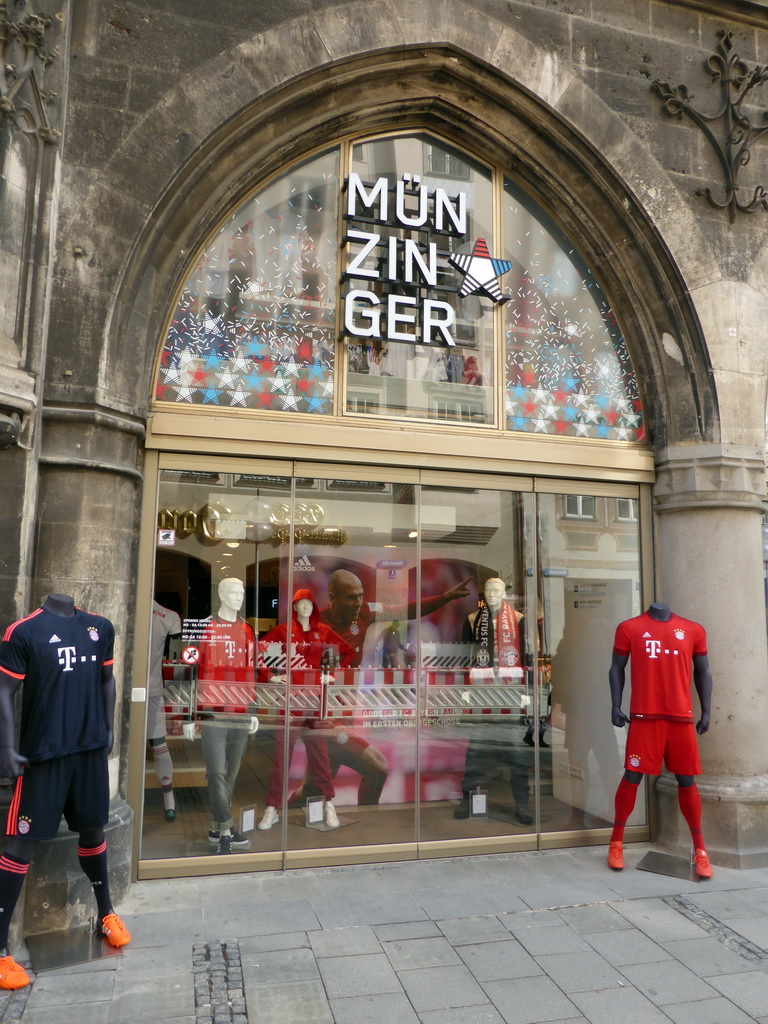 Fanshop of FC Bayern Munich at the west side of the Neues Rathaus building at the Weinstraße street