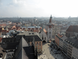 Southeast side of the city with the Marienplatz square, the Altes Rathaus building and the Heiliggeistkirche church, viewed from the tower of the Neues Rathaus building