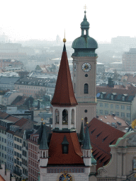 Towers of the Altes Rathaus building and the Heiliggeistkirche church, viewed from the tower of the Neues Rathaus building