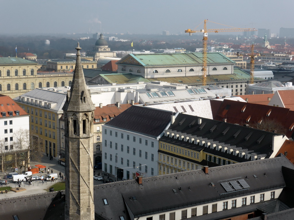 Northeast side of the city, with the Marienhof square, the Bavarian State Theater, the Munich Residenz palace, the Bayerische Staatskanzlei building and the Parish Church of St. Anna, viewed from the tower of the Neues Rathaus building