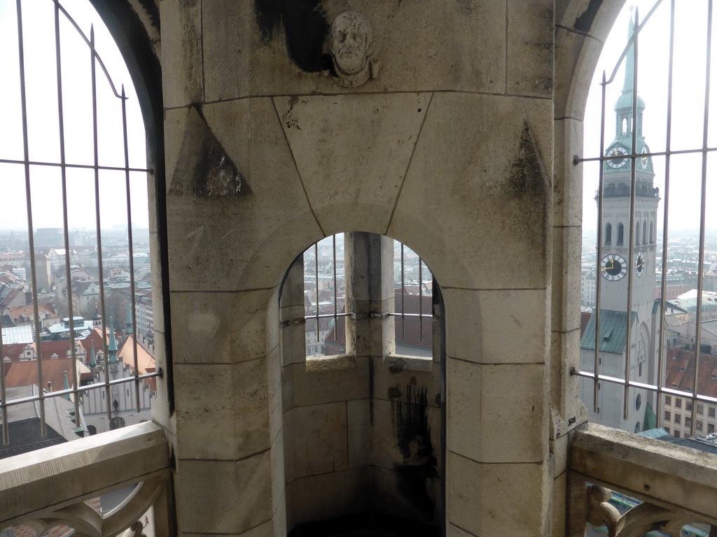 Southeast alcove of the tower of the Neues Rathaus building, with a view on St. Peter`s Church