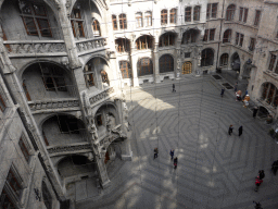 The inner square of the Neues Rathaus building, viewed from a staircase at the upper floor