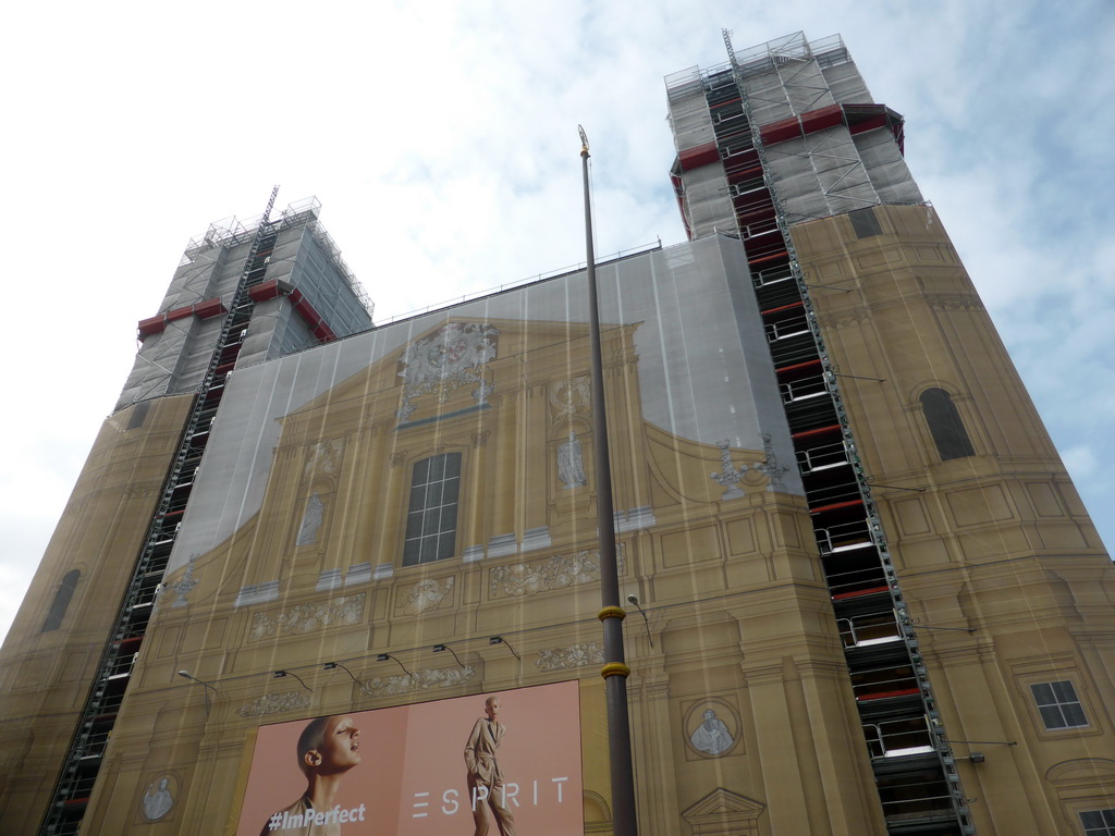 Front of the Theatinerkirche church, under renovation, at the Odeonsplatz square