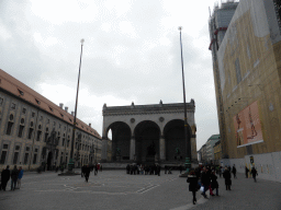 The Odeonsplatz square with the Feldherrnhalle loggia and two flagpoles